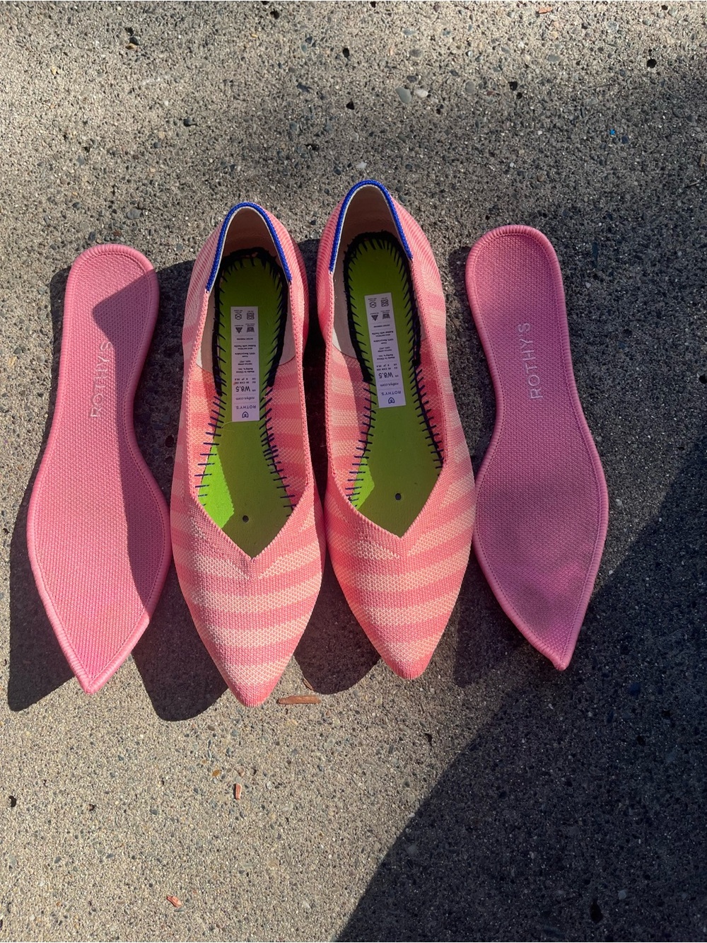 Rothy's Pink Striped Pointed Knit Flats with Blue Trim 8.5 - Picture 9 of 9
